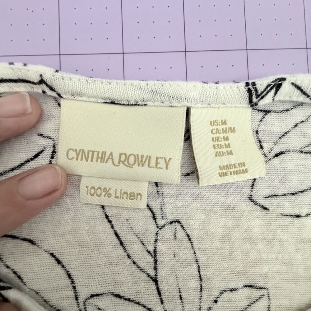 Cynthia Rowley 100% Linen Sleeveless Top Floral Curved Hem White/ Black Soft M - Picture 4 of 5